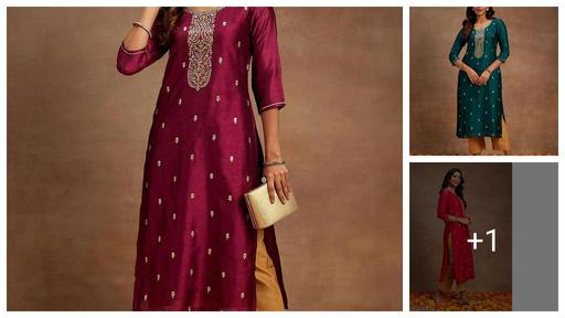 Designer Silk Blend Straight Kurta || Women Embroidered Silk Blend Straight Kurta || 