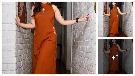 RUDRA_ENTERPRISE Beautiful Embroidery work Sleeveless Aline Kurta Palazzo set Rust