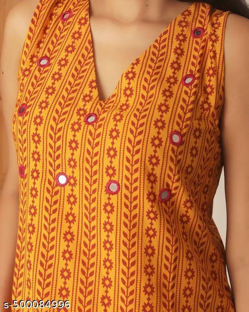 Women Rayon Printed Sleevless Mirror Work  Kurta Plazzos Set - amamestyle