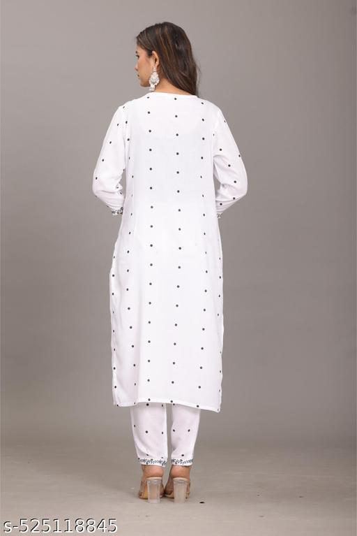 Rayon Cotton Blend White Kurti Pan Set  with Embroidery Work  - amamestyle