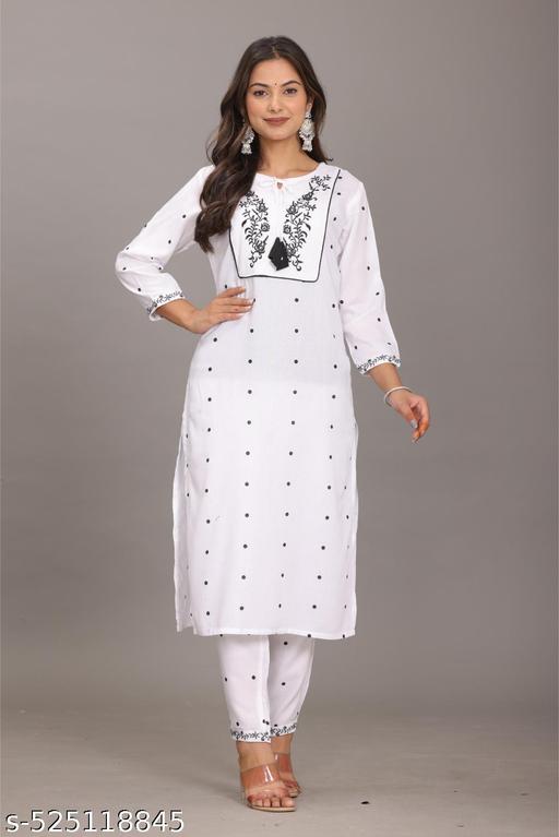 Rayon Cotton Blend White Kurti Pan Set  with Embroidery Work  - amamestyle