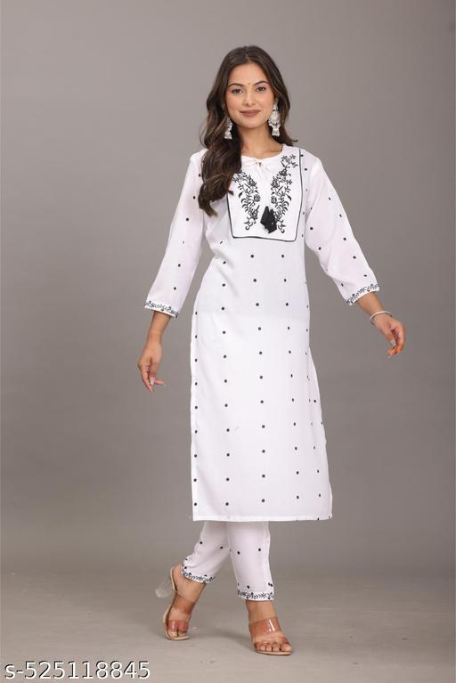 Rayon Cotton Blend White Kurti Pan Set  with Embroidery Work  - amamestyle