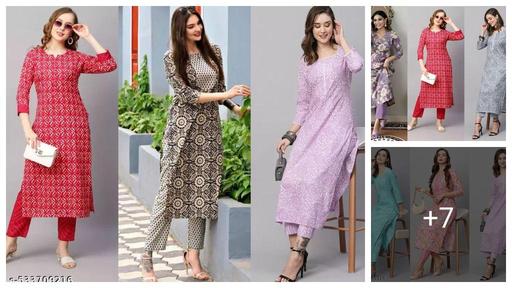 Women's cotton partywear kurti with pant set ( pack of 3 )