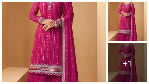 Shiv Ethnic Villa Women's Pink Color Full Stitched Faux Georgette Top and Sharara with Santoon Inner and Pink Color Faux Georgette Dupatta Embroidered Kurta Sharara Set (1118-Pink)