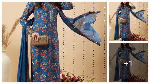 Shri Ram Women's Blue Cotton Blend Floral Printed Straight Kurta With Trousers & Dupatta