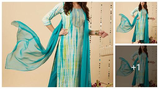 GoSriKi Women's Rama Colour Cotton Blend Printed Straight Kurta With Trousers & Dupatta