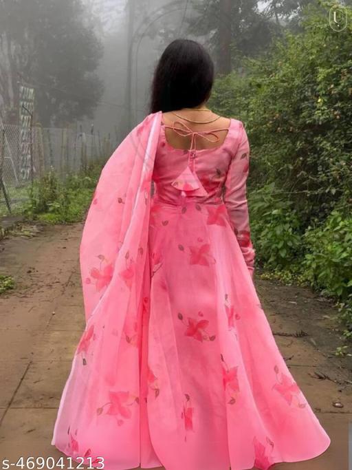 Elegant Blush Pink Floral Anarkali Gown | Festive & Party Wear Ethnic Outfit | Lightweight Long Dress with Dupatta - ARYAMI