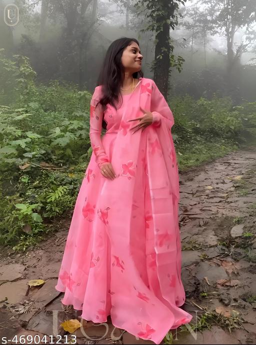 Elegant Blush Pink Floral Anarkali Gown | Festive & Party Wear Ethnic Outfit | Lightweight Long Dress with Dupatta - ARYAMI