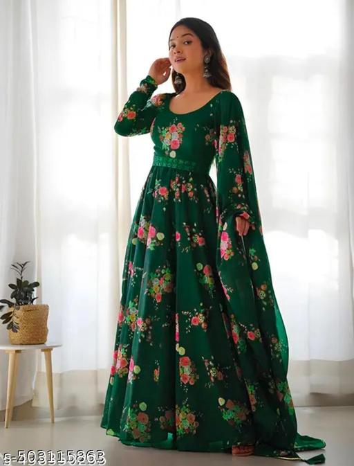 Flower Print Long Kurti With Dupatta (No Bottomwear) - ARYAMI
