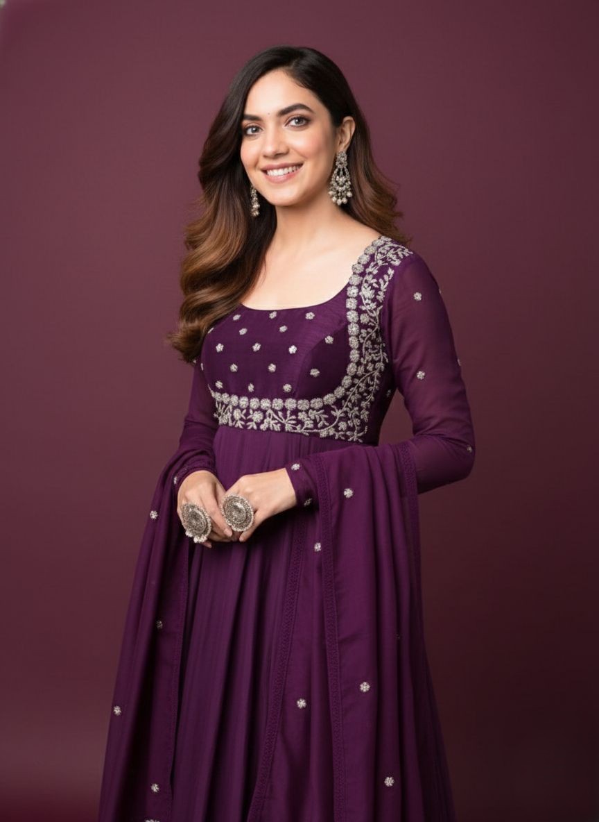 KURTA SETS Kurta With Dupatta Anarkali Trendy New Latest Dark Wine  Pure Georgette Gown Embroidery Dupatta 