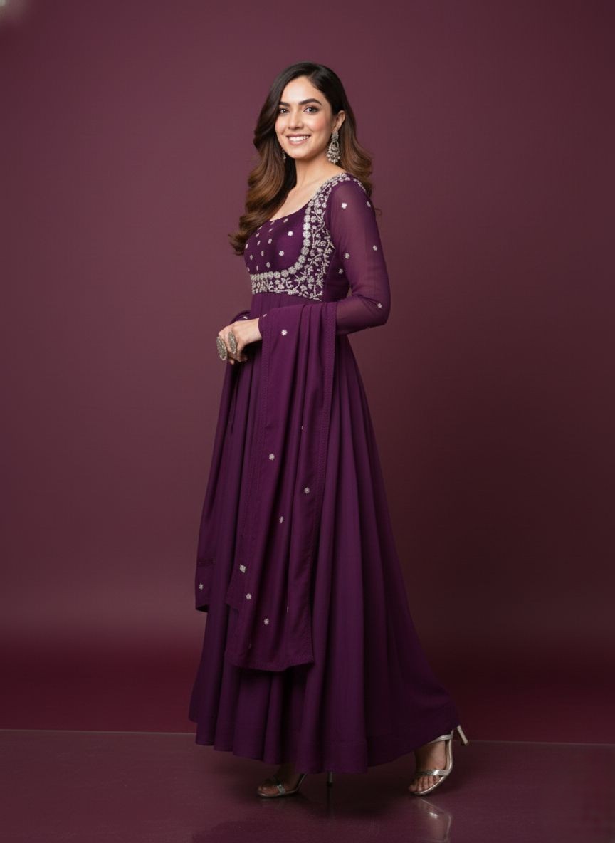 KURTA SETS Kurta With Dupatta Anarkali Trendy New Latest Dark Wine  Pure Georgette Gown Embroidery Dupatta  - Savéra collection