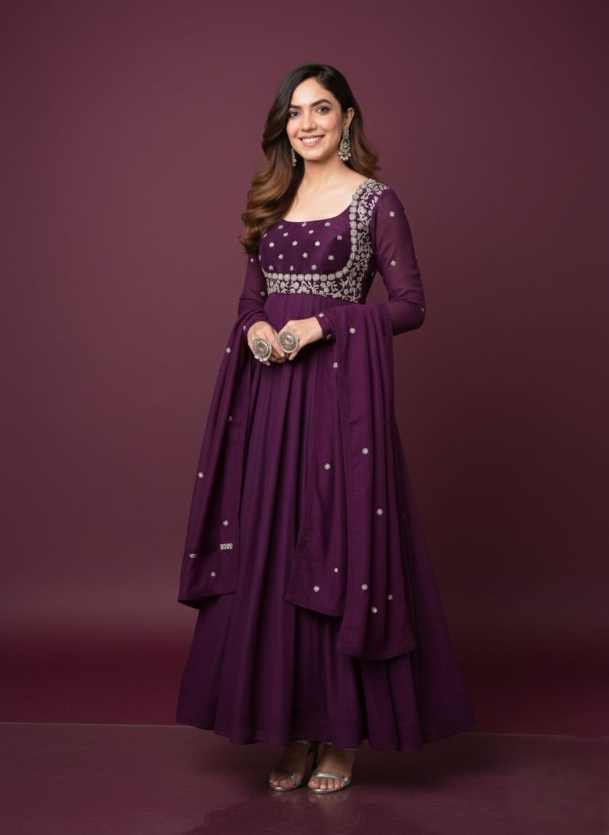 KURTA SETS Kurta With Dupatta Anarkali Trendy New Latest Dark Wine  Pure Georgette Gown Embroidery Dupatta  - Savéra collection