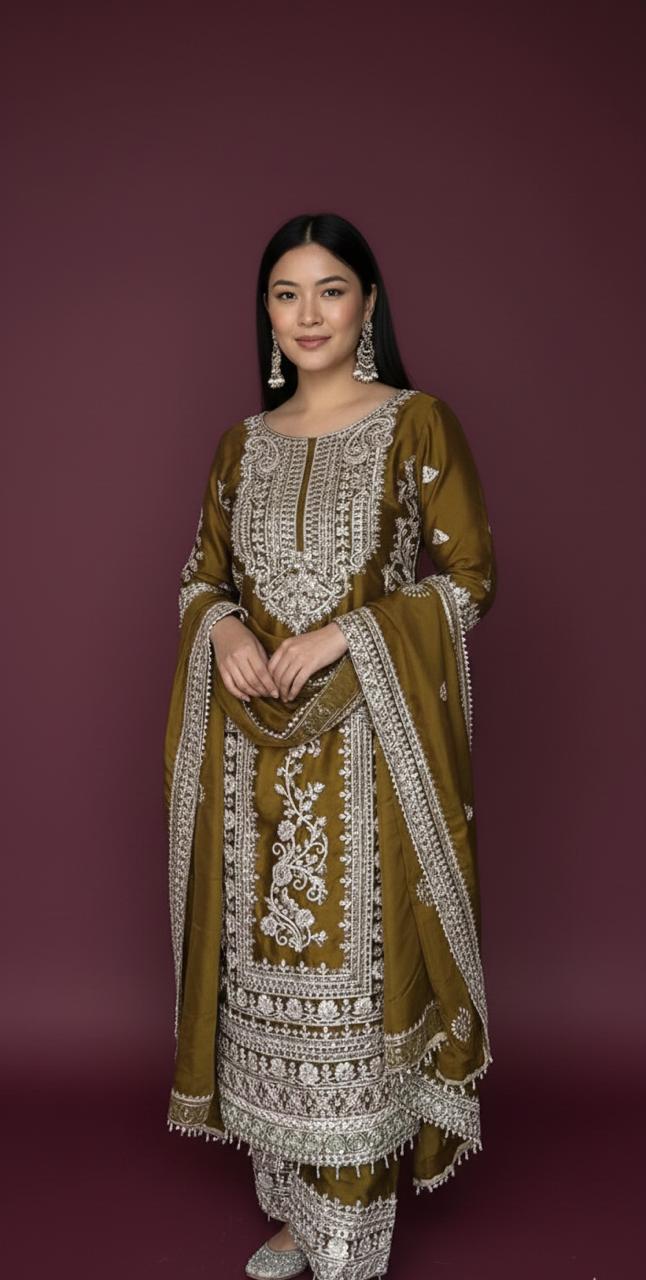 Embroidered Heavy Chinon Silk kurti with embroidered Palazzo and dupatta Set & Materials new designer havy embroidery work