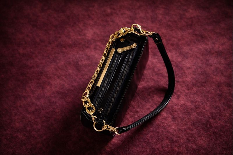 latest and trendy Sling Bag for girl & Women|Stylish Black Glossy Handbag with Gold Chain|Elegant Women's Glossy Shoulder Bag - Savéra collection