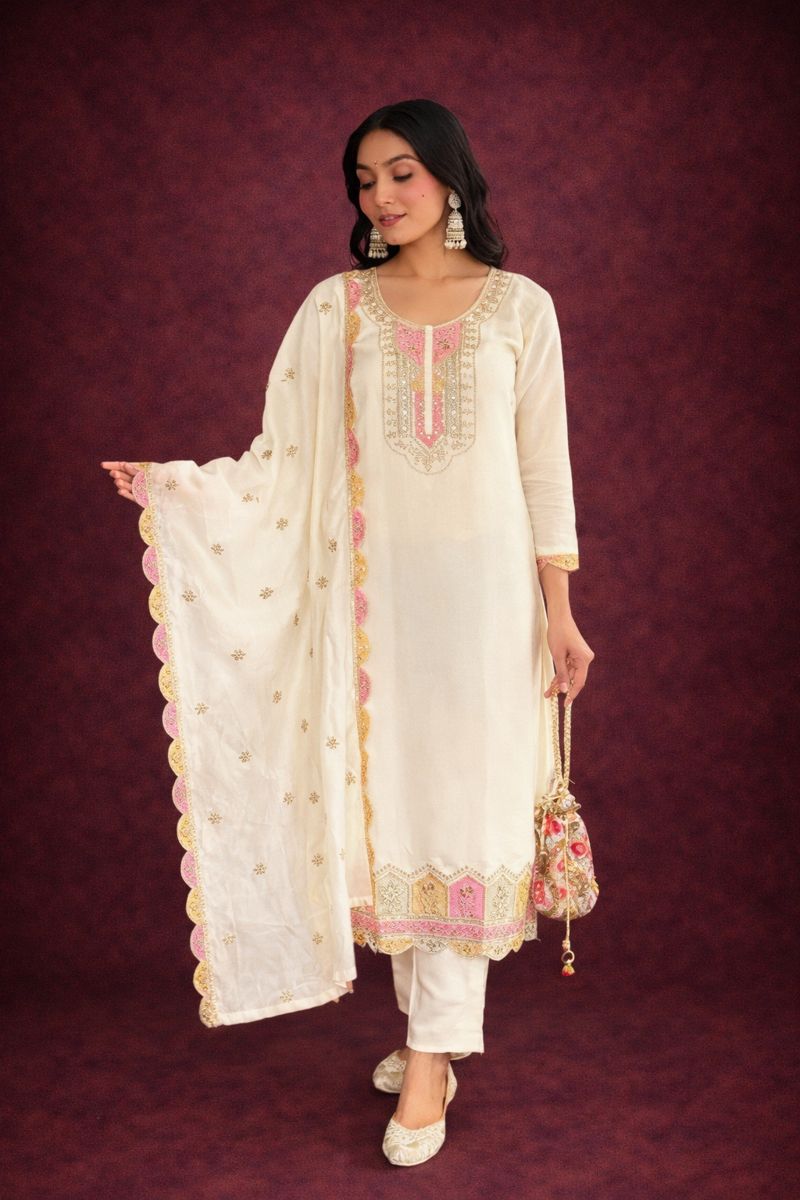 RIVA New Desiner Embrodred Latest Fashion Cream Color Kurti With Bottom Or Dupatta Set 