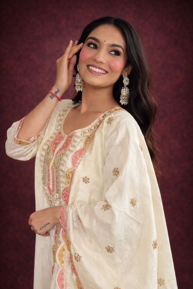 RIVA New Desiner Embrodred Latest Fashion Cream Color Kurti With Bottom Or Dupatta Set  - Savéra collection