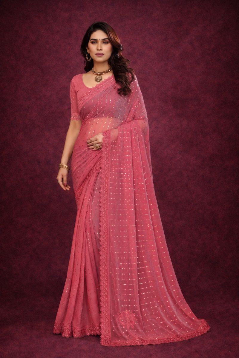 SHIMMER SAREE WITH MIRROR WORK AND CHEMICAL LACE AND DIMOND HAND WORK