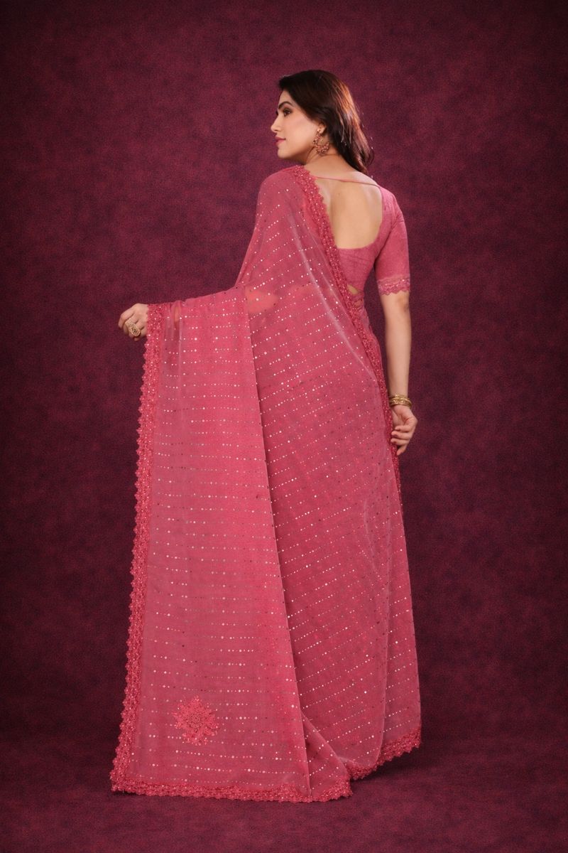 SHIMMER SAREE WITH MIRROR WORK AND CHEMICAL LACE AND DIMOND HAND WORK - Savéra collection
