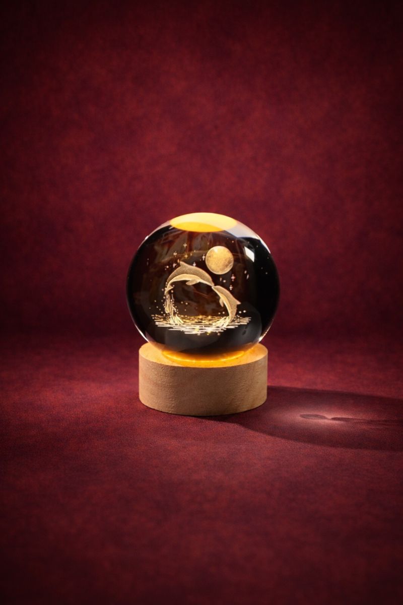 Rolexexplorer 3D Crystal Ball with LED Wooden Base, Crystal Dolphin Figurine Paperweight Ornaments, 3D Laser Engraved Decorative Glass Ball Birthday Gifts for Girls or Boys. (Dolphin)