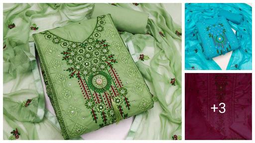 Women's Green  Embroidered Cotton Suits & Dress Materials