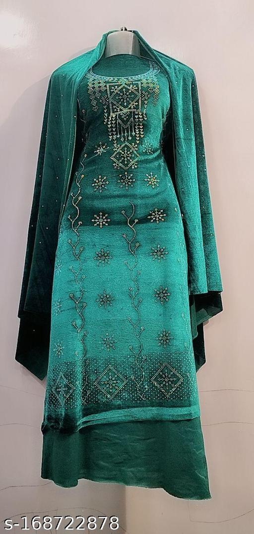 Women's Teal Floral Embroidered Velvet Suits & Dress Materials - amamestyle