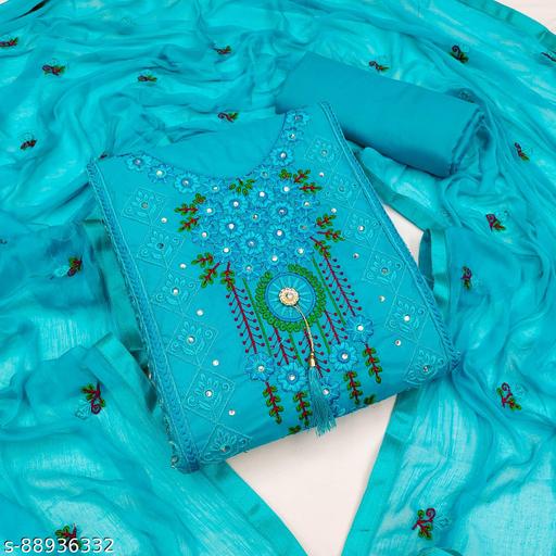 Women's Blue Floral Embroidered Cotton Suits & Dress Materials