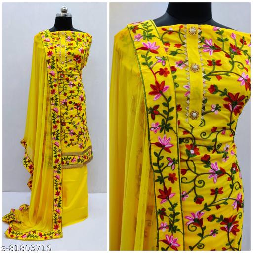 Women's Yellow Botanical Embroidered Cotton Suits & Dress Materials