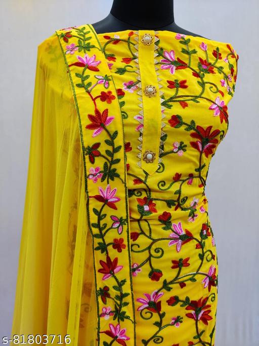 Women's Yellow Botanical Embroidered Cotton Suits & Dress Materials - amamestyle