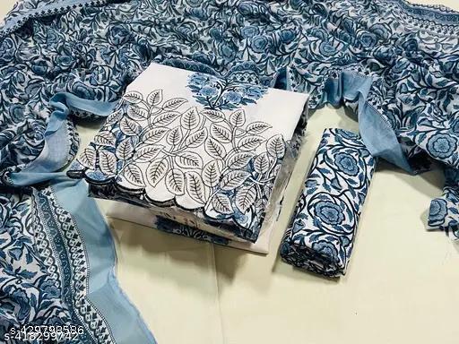 Stylish Fancy Unstitched Pure Cotton Salwar Suit Material With Cotton Dupatta