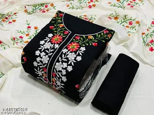 White Embroidery With White Floral Print Cotton Dupatta Suit  - amamestyle