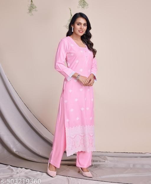 Women's Pink Rayon Ethnic Motifs Chikankari Straight Kurta With Palazzo - amamestyle