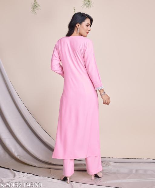 Women's Pink Rayon Ethnic Motifs Chikankari Straight Kurta With Palazzo - amamestyle