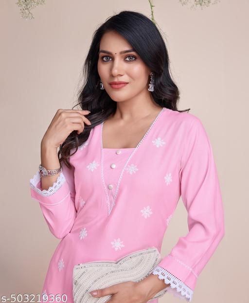 Women's Pink Rayon Ethnic Motifs Chikankari Straight Kurta With Palazzo - amamestyle