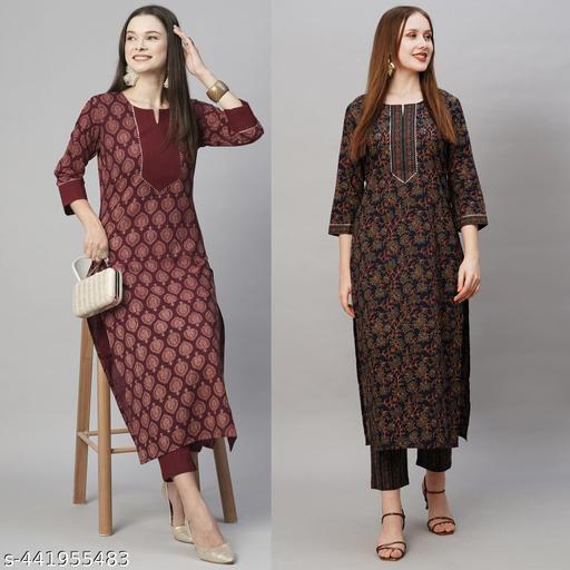 Women's Floral Printed Kurta With Pant Sets ( Combo Of 2)