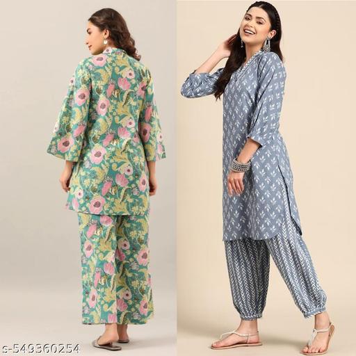 Combo of 2 Cotton Printed Kurta Sets for Women | Comfortable Daily Wear Ethnic Set - amamestyle