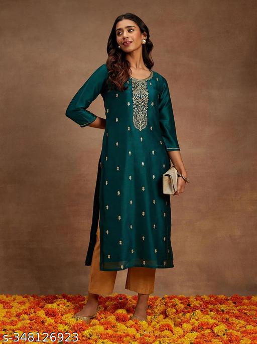 Designer Silk Blend Straight Kurta || Women Embroidered Silk Blend Straight Kurta ||  - amamestyle