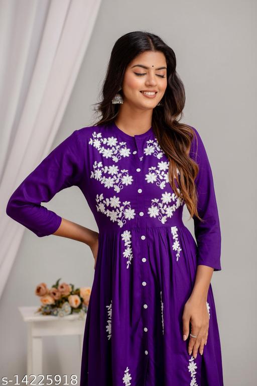 Women Rayon Anarkali Embroidered VioletKurti - amamestyle