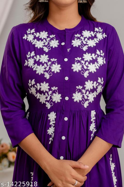 Women Rayon Anarkali Embroidered VioletKurti - amamestyle