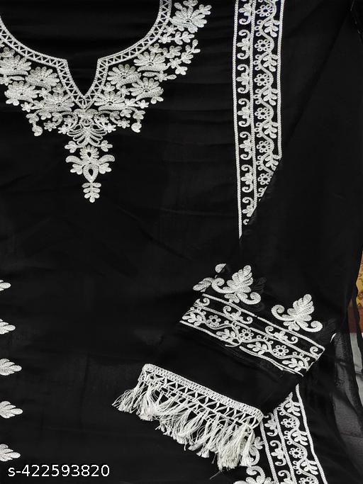 Women's Black Floral Embroidered Georgette Suits & Dress Materials - amamestyle