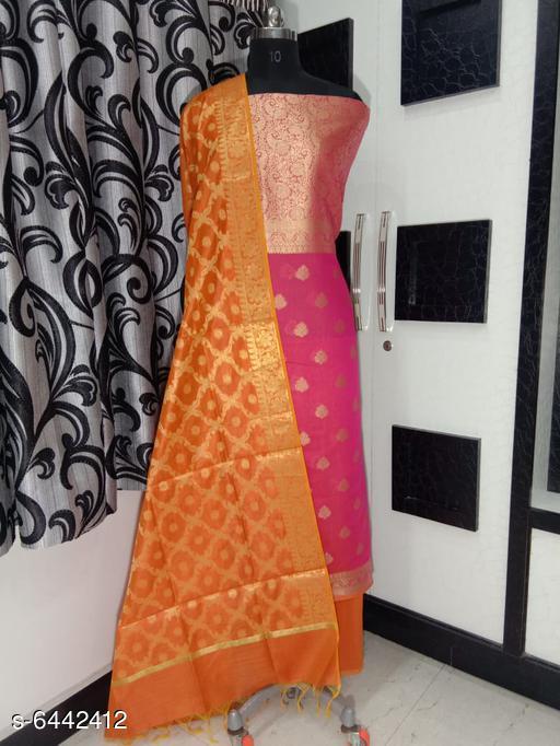 Women's Pink Ethnic Motif Woven Design Cotton Silk Suits & Dress Materials