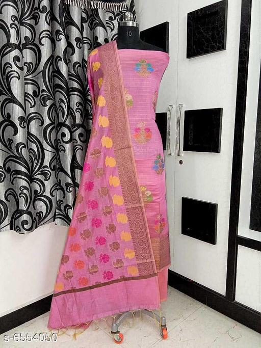 Women's Pink Floral Woven Design Cotton Silk Suits & Dress Materials - amamestyle
