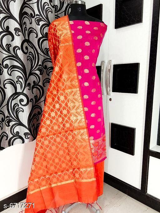 Women's Pink Floral Woven Design Cotton Silk Suits & Dress Materials - amamestyle