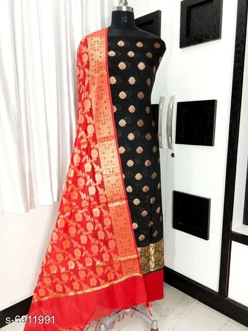 Women's Black Ethnic Motif Zari Woven Cotton Blend Suits & Dress Materials - amamestyle