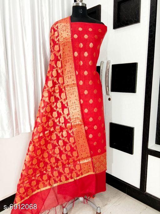 Women's Red Ethnic Motif Zari Woven Cotton Silk Suits & Dress Materials