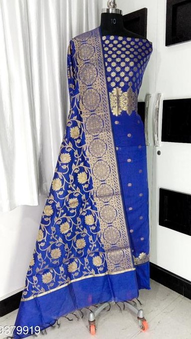 Women's Blue Floral Zari Woven Cotton Silk Suits & Dress Materials