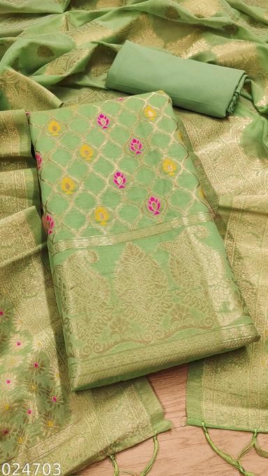 PISTA CHANDERI BANARASI SILK ZARI WEAVING DRESS MATERIAL   
