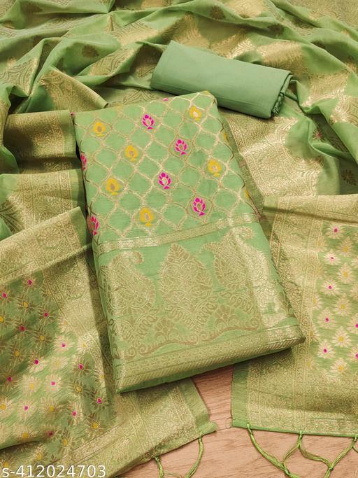PISTA CHANDERI BANARASI SILK ZARI WEAVING DRESS MATERIAL    - amamestyle