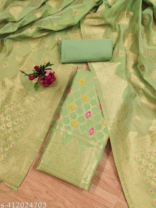 PISTA CHANDERI BANARASI SILK ZARI WEAVING DRESS MATERIAL    - amamestyle