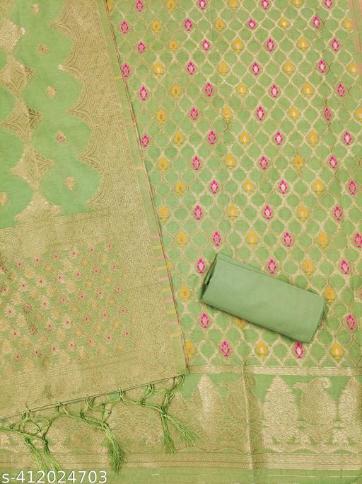 PISTA CHANDERI BANARASI SILK ZARI WEAVING DRESS MATERIAL    - amamestyle