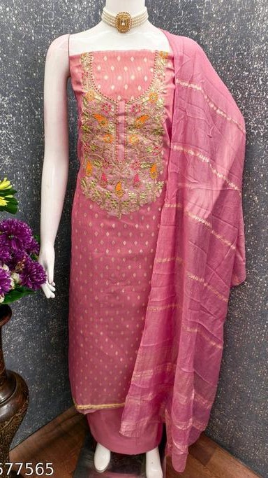 Pink Silk blend fabric dress material for women with coding thread work on dress material | unstiched women dresse